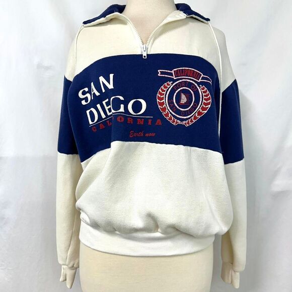 VINTAGE 80s/90s Port Of San Diego California Cream Quarter Zip Sweatshirt Large - Picture 1 of 8